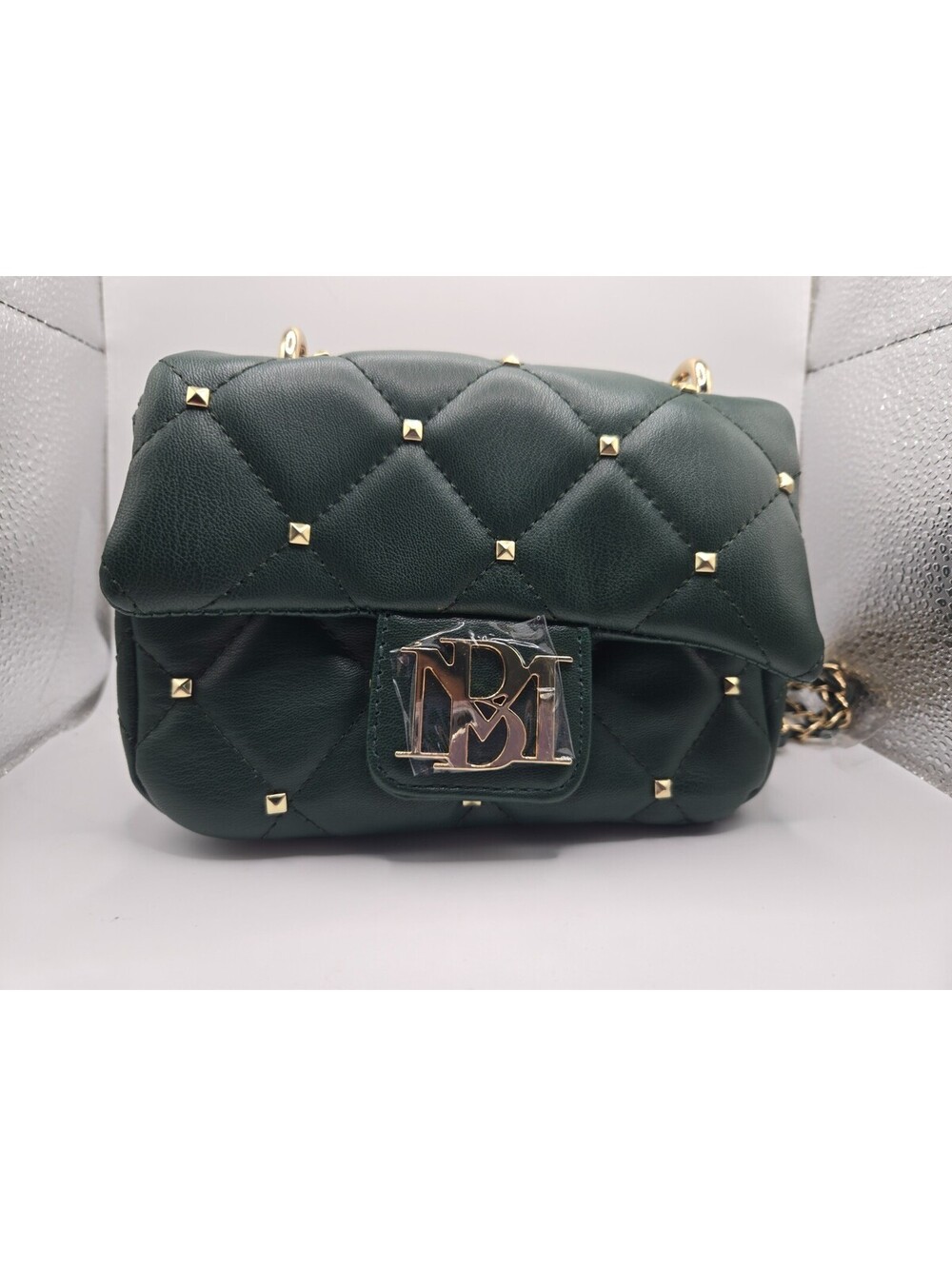 Badgley Mischka Quilted Crossbody Bag Green Gold Studded Pearl Handle NWT New - Picture 2 of 15